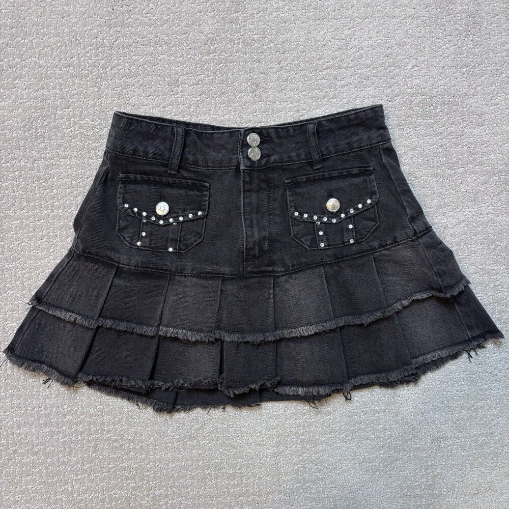 Social Collision Black Studded Ruffle Denim Mini Skirt Y2K Grunge Gothic Emo S